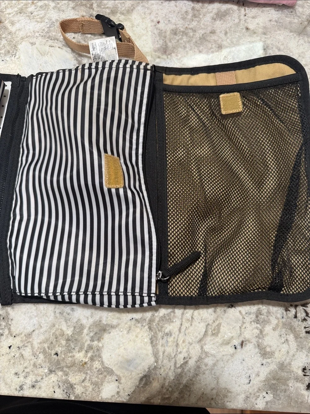 Skip Hop Black & White Striped Men's Toiletry Organizer with Tan Strap